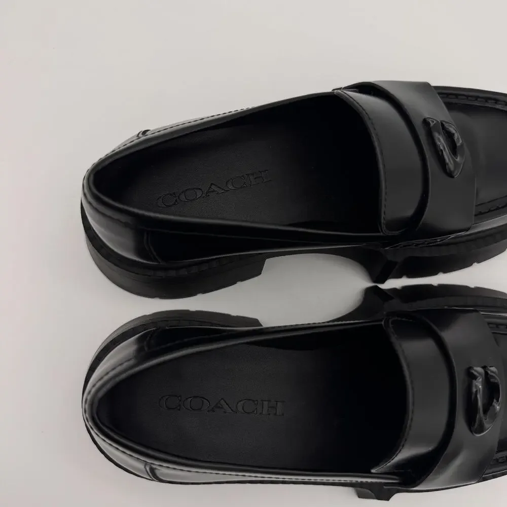 Coach Leah Loafers Womens Size 6 Leather C Logo Lug Sole Shoes CZ382 Black 6B